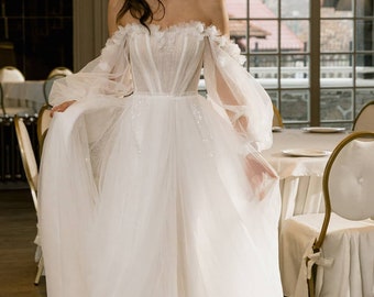 A-line Romantic Wedding Dress, Floral Wedding Dress, Fairytale Wedding Dress, Flowy Shimmering Wedding Dress, Sequened Sparkly Wedding Dress