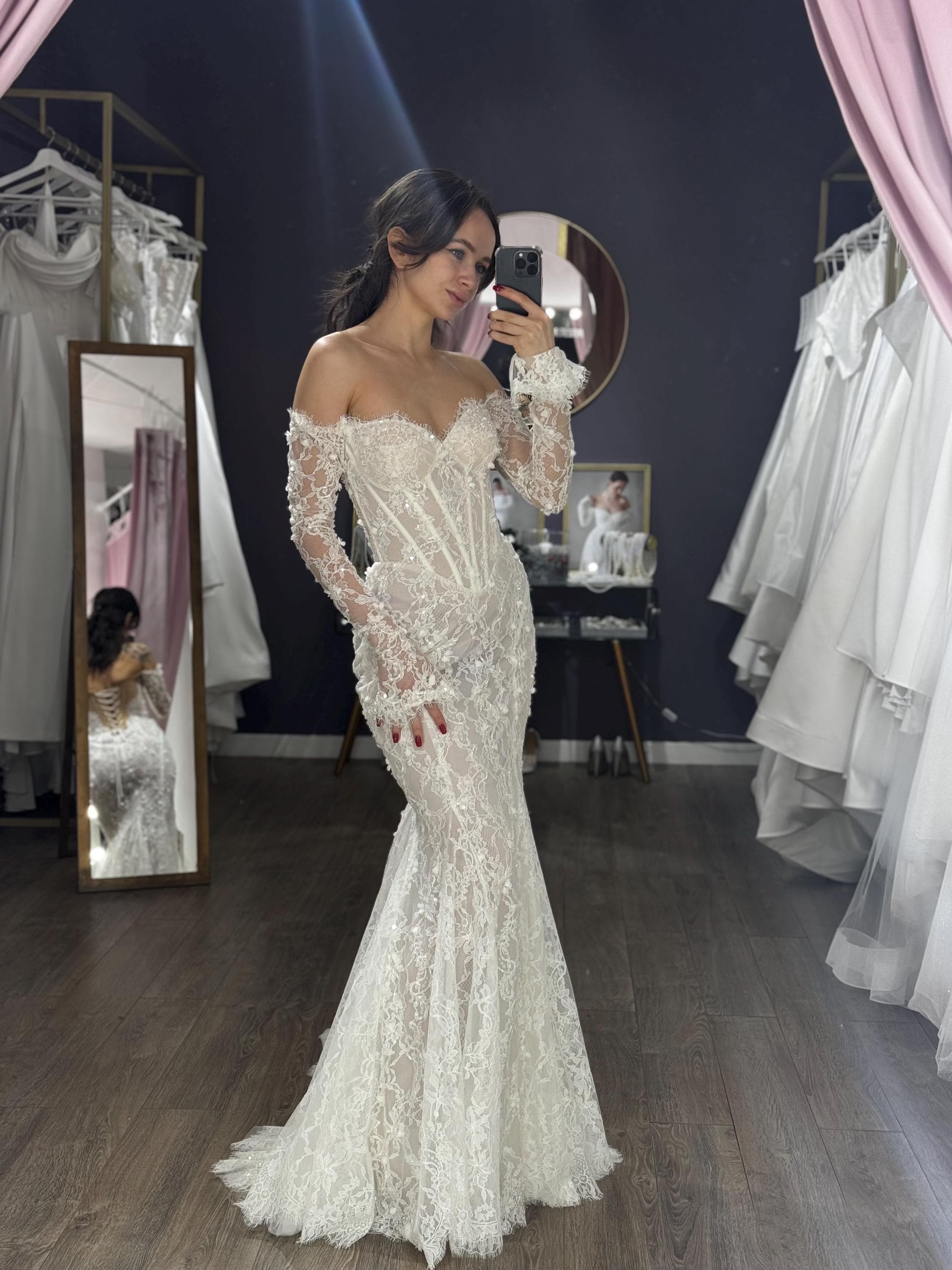 Long Sleeve Lace Corset Wedding Gown, Fitted Sweetheart Bridal Dress