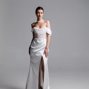 Pearl Corset Wedding Dress, Elegant Leg Slit Wedding Dress, Elopement Dress, Rehearsal Dress, Off Shoulder Pearl Bridal Corset Dress