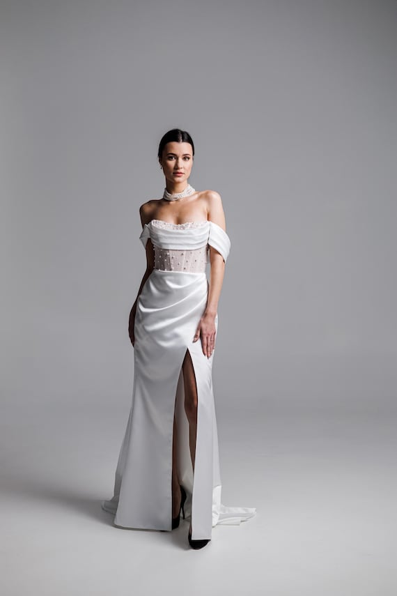 Pearl Corset Wedding Dress, Elegant Leg Slit Wedding Dress, Elopement Dress, Rehearsal Dress, Off Shoulder Pearl Bridal Corset Dress
