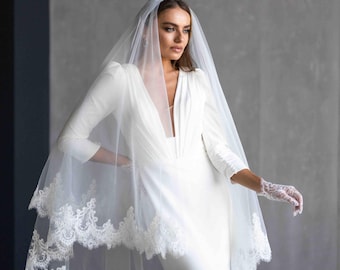 Long Lace Trim Bridal Veil, Elegant Tulle Wedding Veil