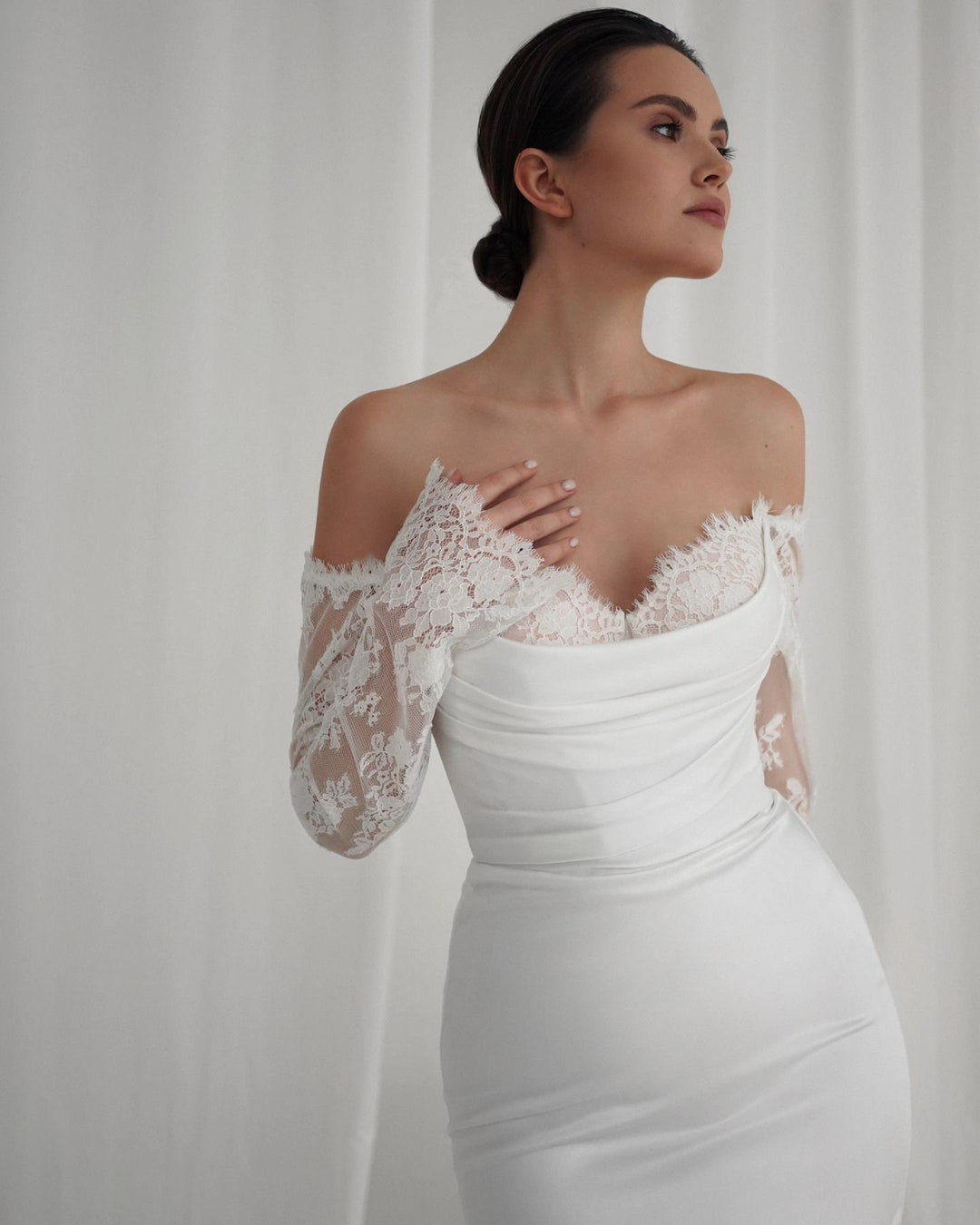 Mermaid Floor Length Ruffles Beads Lace Satin Wedding Dress with Long Sleeves main image 1