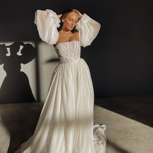 A-line Boho Light Flowy Wedding Dress, Draped Corset Wedding Dress, Detachable Voluminous Puffy Sleeves Bridal Gown, Beach Wedding Dress