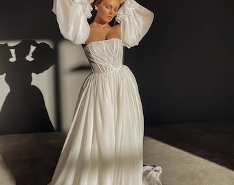 A-line Boho Light Flowy Wedding Dress, Draped Corset Wedding Dress, Detachable Voluminous Puffy Sleeves Bridal Gown, Beach Wedding Dress