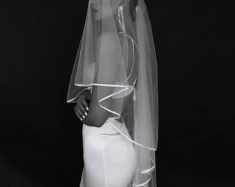 Elegant Long Bridal Veil, Sheer Tulle, Satin Ribbon Edge