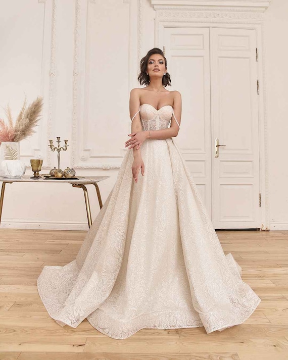 Shimmering A-Line Wedding Dress, Sweetheart Corset, Glitter Fabric