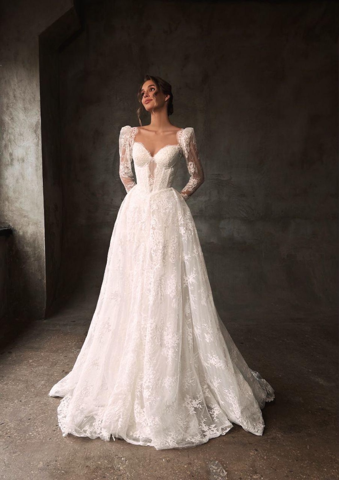 Lace A- Line Wedding Gown, Sweetheart Lace Corset Wedding Dress, Dramatic Long Lace Sleeves Bridal, Chantilly Lace Drop Waist Bridal Gown Lace A- Line Wedding Gown, Sweetheart Lace Corset Wedding Dress, Dramatic Long Lace Sleeves Bridal, Chantilly Lace Drop Waist Bridal Gown