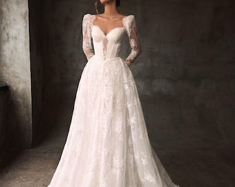 Lace A- Line Wedding Gown, Sweetheart Lace Corset Wedding Dress, Dramatic Long Lace Sleeves Bridal, Chantilly Lace Drop Waist Bridal Gown
