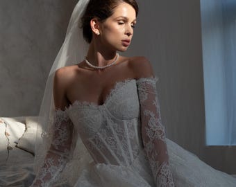 Delicate Lace Wedding Dress, Chic Lace Corset Wedding Dress, Lace Basque Waist Bridal Gown, Romantic Long Lace Sleeves Wedding Gown
