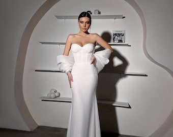 Elegantes Meerjungfrau-Hochzeitskleid, luxuriöser Stretch-Satin, tailliertes Korsett