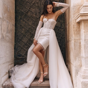Modern Sequined Beaded Mini Wedding Dress, Detachable Long Tulle Wedding Train, Sparkly Shimmering Mini Dress, Long Sleeves Wedding Dress