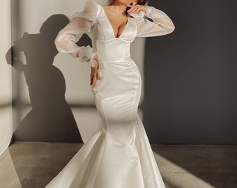 long sleeve v neck mermaid wedding dress Mermaid V-neck Long Sleeves Floor Length Tulle Beading Applique Wedding Dress