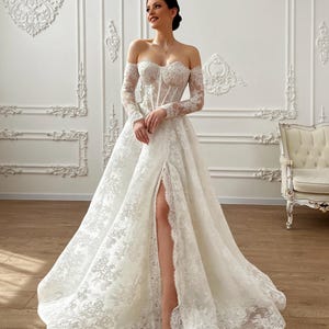 Off Shoulder Basque Waist Wedding Dress, Trendy Lace Corset Wedding Dress, Drop Waist Bridal Gown, Romantic Long Lace Sleeves Wedding Gown