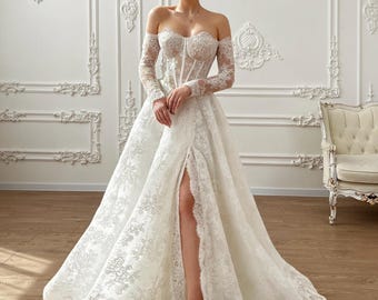 Off Shoulder Basque Waist Wedding Dress, Trendy Lace Corset Wedding Dress, Drop Waist Bridal Gown, Romantic Long Lace Sleeves Wedding Gown