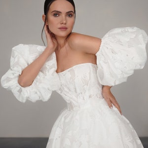 A-Line Floral Lace Wedding Dress, Square Neckline Wedding Dress, Puffy Sleeves Princess Wedding Dress, Garden Embroidered Wedding Dress