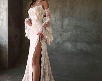 Lace Mermaid Wedding Gown, Sweetheart Lace Boned Corset Wedding Dress, Off Shoulder Floral Lace Wedding Dress, Long Lace Sleeves Bridal Gown