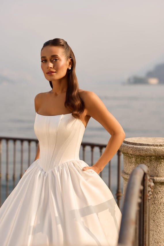 satin fitted wedding dress 50708- Soft Satin/Lace ensuring a flattering fit from every angle Satin Bridal Gown, Elegant Wedding