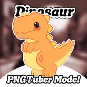 May include: A cartoon illustration of an orange dinosaur with a yellow belly and a yellow tail. The dinosaur is standing on its hind legs with its front paws crossed. The text "Dinosaur" is above the dinosaur and the text "PNGTuber Model" is below the dinosaur.