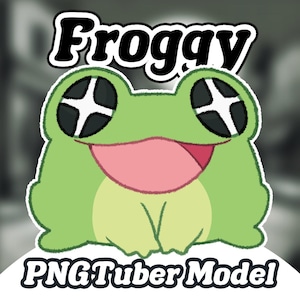May include: A green cartoon frog with large black eyes and a wide smile. The frog is sitting on a white background with the text "Frogggy PNGTuber Model" below it.