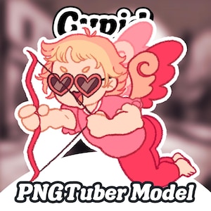 May include: A cartoon illustration of Cupid with pink wings, wearing heart-shaped sunglasses and holding a bow and arrow. The image is labelled "PNGTuber Model" at the bottom.