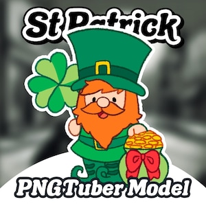 May include: A cartoon illustration of a leprechaun wearing a green hat and holding a pot of gold. The leprechaun has a red beard and is smiling. The image is labelled "St. Patrick" and "PNG Tuber Model".