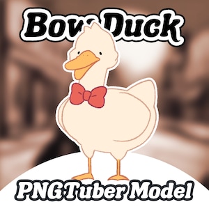 May include: A cartoon illustration of a white duck wearing a red bow tie. The duck is standing on a white surface with the text "PNGTuber Model" below it. The text "Bow Duck" is above the duck.