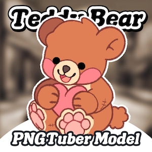 May include: A brown teddy bear with pink cheeks holding a pink heart in its paws. The bear is smiling and has a stitched seam on its arm. The text "Teddy Bear" is above the bear and the text "PNGTuber Model" is below the bear.