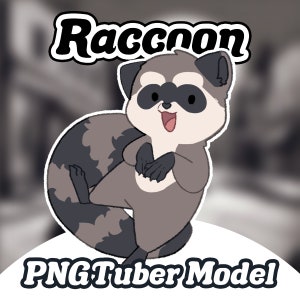 May include: A cartoon raccoon with a black mask and a white belly is smiling and holding its paws up. The raccoon is on a white background with the text "Raccoon" and "PNGTuber Model" in black.
