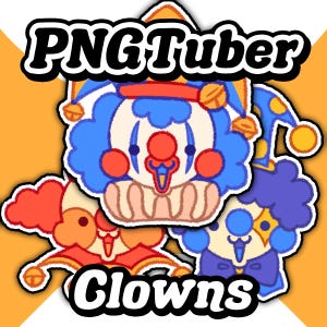 May include: Three cartoon clown illustrations with a blue, red, and purple color scheme. The illustrations are in the style of embroidered patches. The text "PNGTuber Clowns" is at the top of the image.