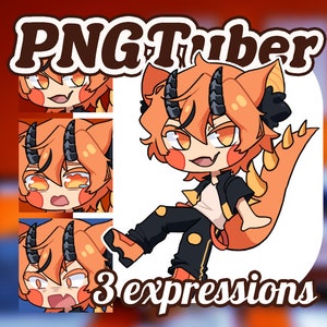 May include: A digital illustration of a cartoon character with orange hair, black horns, and a black and white outfit. The character has three different facial expressions: smiling, crying, and surprised. The text "PNGTuber 3 expressions" is at the bottom of the image.