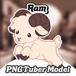 May include: A cartoon illustration of a white ram with brown horns. The ram is jumping and has a cute expression on its face. The text "Ram" is above the ram and the text "PNGTuber Model" is below the ram.