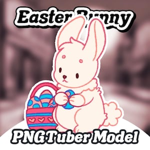 May include: A white Easter bunny holding a blue Easter egg and a basket filled with colourful Easter eggs. The bunny is sitting on a pink and white background with the text "Easter Bunny" and "PNG Tuber Model" at the top and bottom of the image.