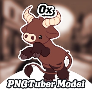 May include: A cartoon illustration of a brown ox with tan horns and dark brown fur on its legs and chest. The word "Ox" is above the ox, and the text "PNGTuber Model" is below it.