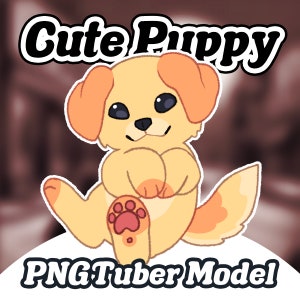 May include: A cute cartoon puppy with orange ears and a yellow body. The puppy is sitting up with its paws in the air and has a happy expression on its face. The text "Cute Puppy" is above the puppy and the text "PNGTuber Model" is below the puppy.