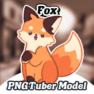 May include: A cartoon fox character with orange and white fur, brown accents, and a happy expression. The word "Fox" is above the fox, and "PNGTuber Model" is below it. The fox is sitting down with its paws together.