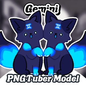 May include: Digital illustration of two dark blue fox-like creatures facing each other. Each has a blue Gemini symbol on its forehead and blue accents. The text "Gemini" and "PNGTuber Model" are above and below the image.