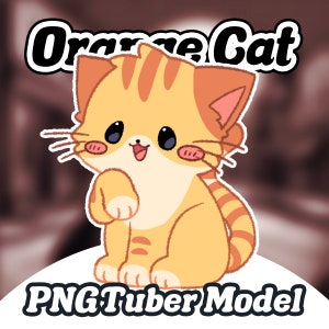 May include: A cartoon orange cat with a cute expression, sitting with its paws raised. The cat has a striped tail and is outlined in black. The text "Orange Cat" is above the cat and "PNGTuber Model" is below the cat.