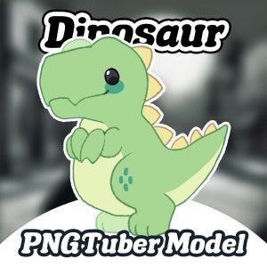 May include: A cartoon illustration of a green dinosaur with yellow accents. The dinosaur is standing on its hind legs with its front paws crossed. The dinosaur has a sad expression on its face. The text "Dinosaur" is above the dinosaur and the text "PNGTuber Model" is below the dinosaur.