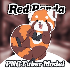 May include: A cartoon red panda with a brown and orange tail, sitting on its haunches with its paws in front of it. The panda is smiling and has a white face with black eyes and a black nose. The text "Red Panda" is above the panda and the text "PNGTuber Model" is below the panda.