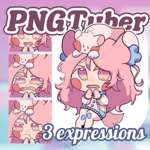 May include: A digital illustration of a pink-haired character with a white bunny on their head. The character has three different expressions: crying, smiling, and frowning. The text "PNGTuber" and "3 expressions" are also included in the image.