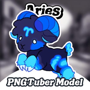 May include: A blue and black cartoon ram with the word "Aries" above it and the astrological symbol for Aries on its forehead. The ram is running and has a blue glow around it. The text "PNGTuber Model" is below the ram.