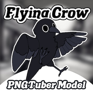 May include: A black cartoon crow with large eyes and wings spread out, with the text "Flying Crow PNG Tuber Model" below it.