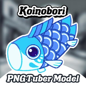 May include: A blue and white cartoon fish with a large eye and the text "Koinobori" above it. The fish is a traditional Japanese carp streamer, often flown during Children's Day.