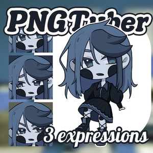 May include: Three digital illustrations of a girl with blue hair and a black dress. The girl has different facial expressions in each image. The text "PNGTuber" and "3 expressions" are also included in the image.