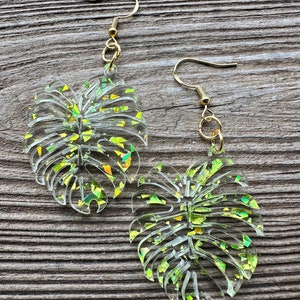 Acrylic Monstera Leaf Earrings, Laser Cut, Green and Yellow Accents, Unique Artisan Jewelry, Lightweight, Nature-Inspired Gift for Her