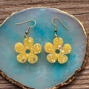 Yellow Glitter Flower Earrings, Laser Cut Acrylic Dangle Earrings, Spring Floral Jewelry, Handmade Earrings, Lightweight Gift for Her