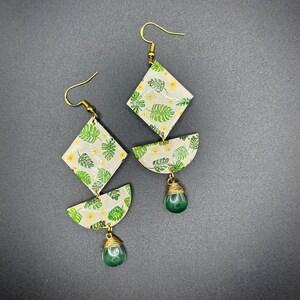 Handmade Tropical Leaf Geometric Dangle Earrings, Unique Laser Cut Nature Jewelry, Lightweight, Whimsical, Green Earrings, Gift for her