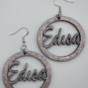 Custom Name Earrings - Personalized Glittery Hoops - Unique Handcrafted Wooden Jewelry - Perfect Gift for Her - Customizable