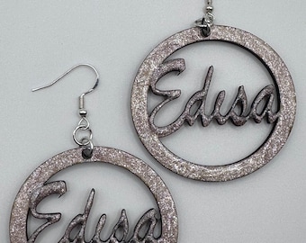 Personalized Glittery Name Hoop Earrings: Laser Cut Wooden Jewelry