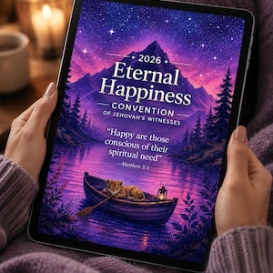 May include: A digital tablet displaying a 2026 Eternal Happiness Convention of Jehovah's Witnesses poster. The image features a lion cub in a wooden boat on a purple lake, with mountains, a starry sky, and the text: Happy are those conscious of their spiritual need.